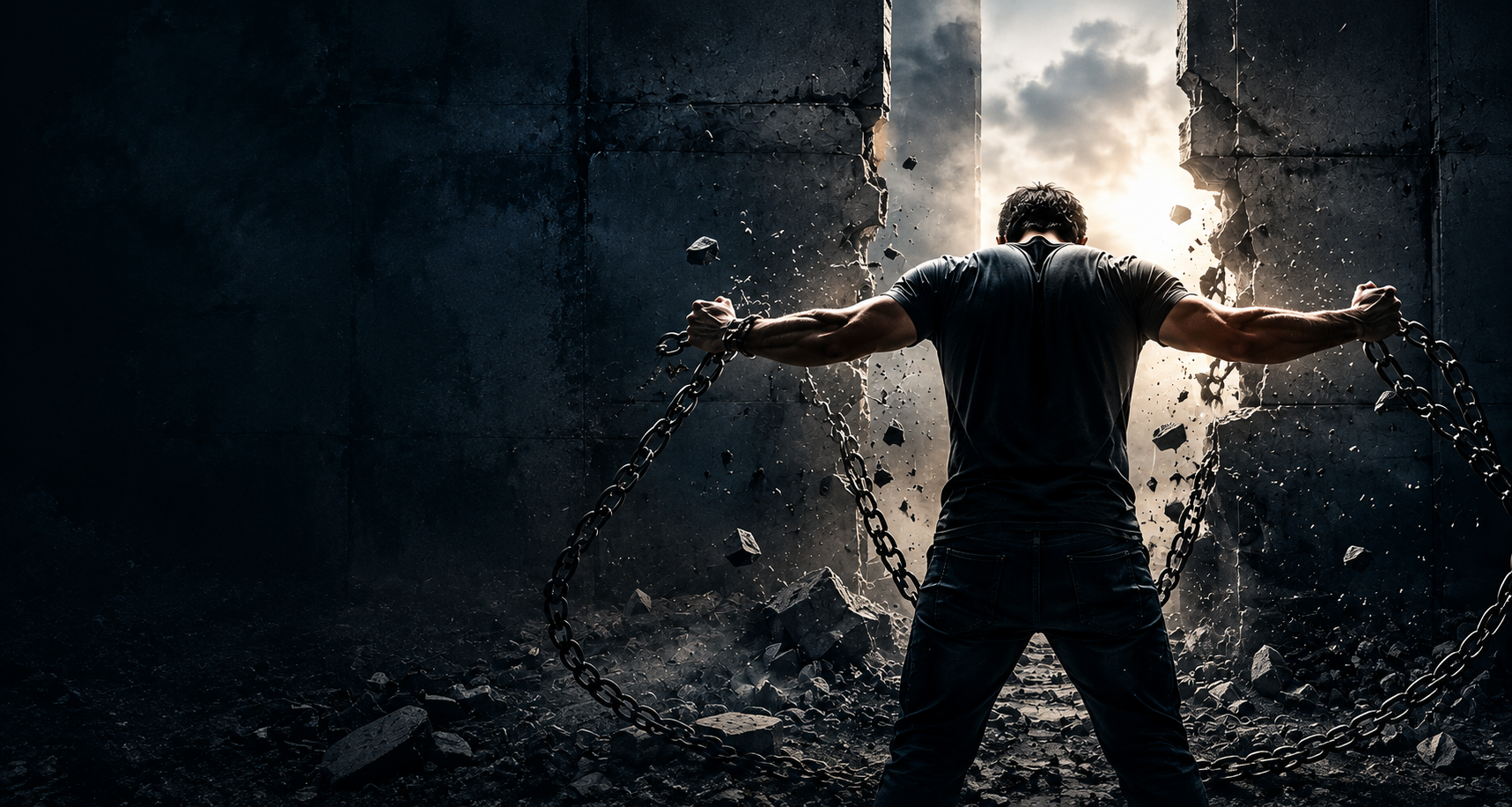 A man breaking free from chains